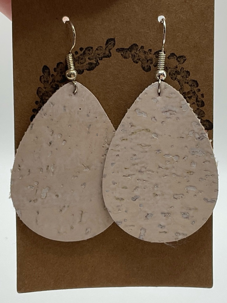 Neutral Beige Teardrop Cork Earrings With Silver Hooks